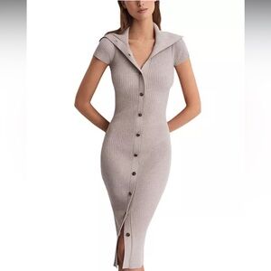 Reiss Megan Ribbed Knit Midi Dress Beige Bodycon Button Front Collared Dress